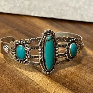 Vintage Native American Navajo Sterling Silver Turquoise Craftsman Cuff Bracele